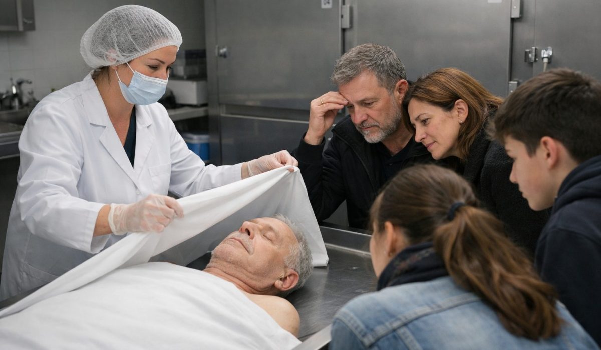 Famille en recueillement dans une morgue avec accompagnement du personnel funéraire