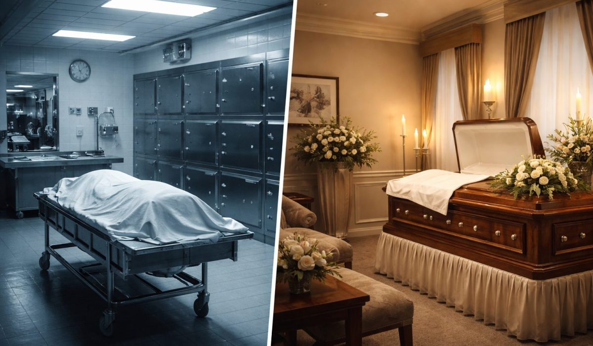 Comparaison réaliste entre une morgue hospitalière et une chambre funéraire montrant la différence entre un lieu technique et un espace de recueillement