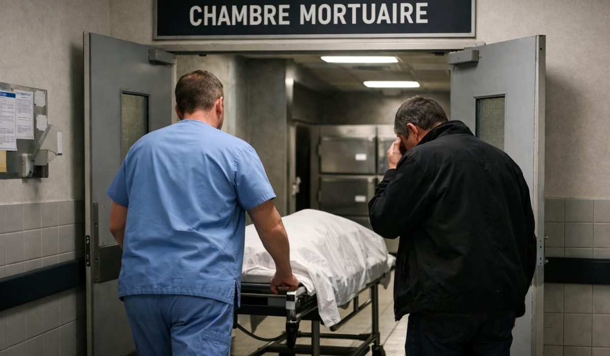 Brancardier d’hôpital conduisant un défunt couvert vers la chambre mortuaire avec un proche en deuil