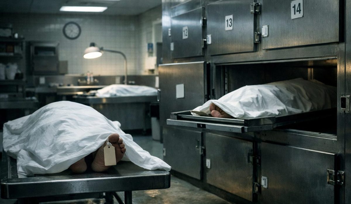 Salle de morgue ultra réaliste avec tables inox et espaces de conservation, en lien avec l’article sur l’usage actuel du terme morgue