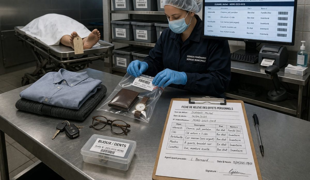 Gestion des effets personnels d’un défunt dans une morgue avec inventaire, objets personnels et mise sous sachet sécurisé