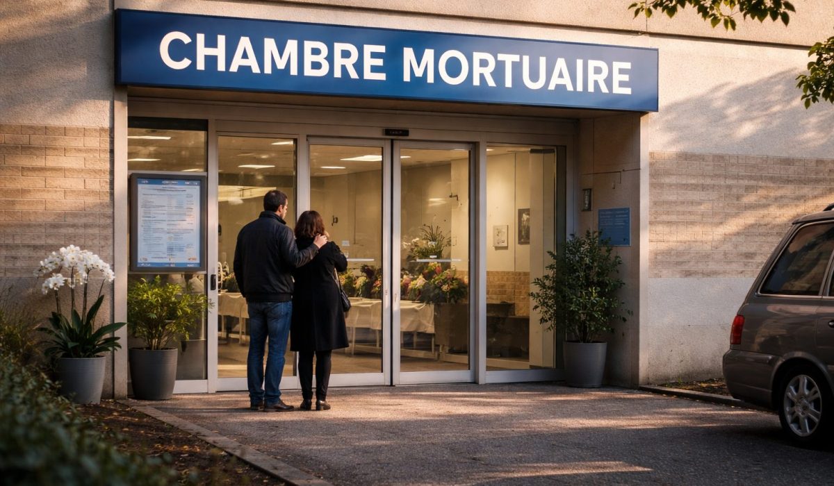 Entrée d’une chambre mortuaire d’hôpital avec un couple devant les portes pendant le week-end