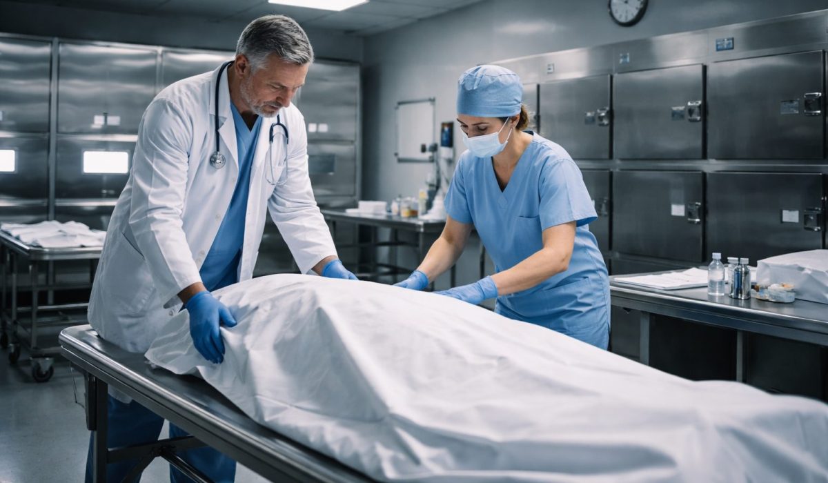 Personnel hospitalier transférant un défunt dans une chambre mortuaire au sein d’un hôpital