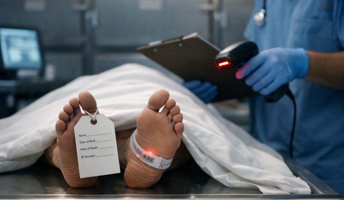 Professionnel hospitalier vérifiant l’identité d’un défunt grâce à un bracelet d’identification en milieu hospitalier