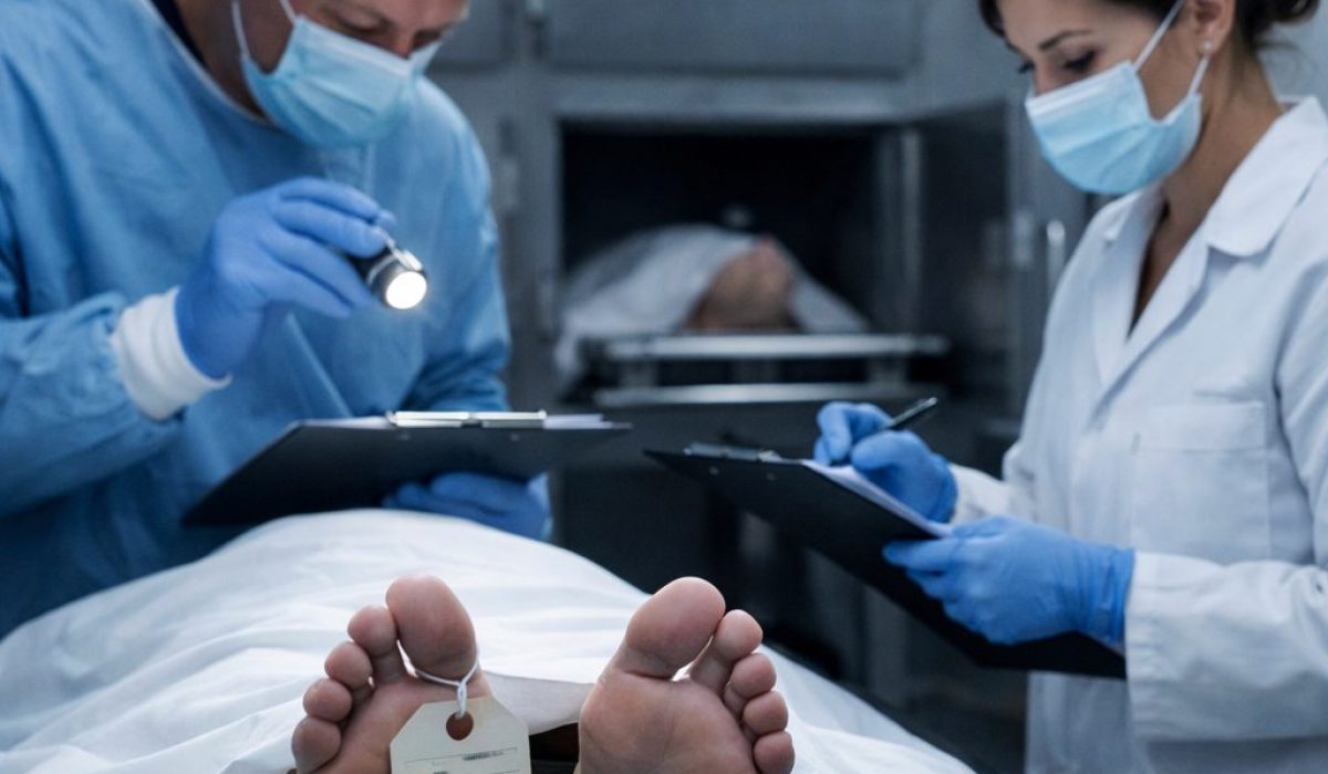 Professionnels de morgue réalisant des contrôles d’identification et de traçabilité avant le transfert d’un défunt