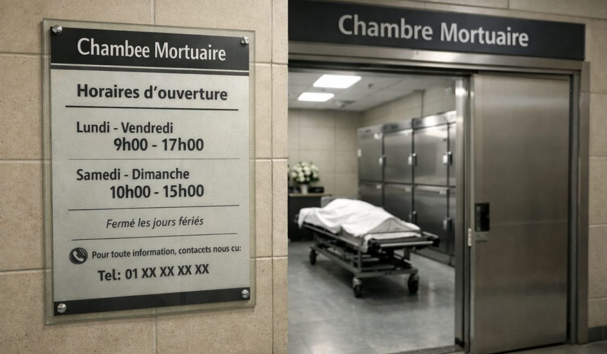 Horaires d’ouverture d’une chambre mortuaire dans un hôpital avec panneau d’information à l’entrée
