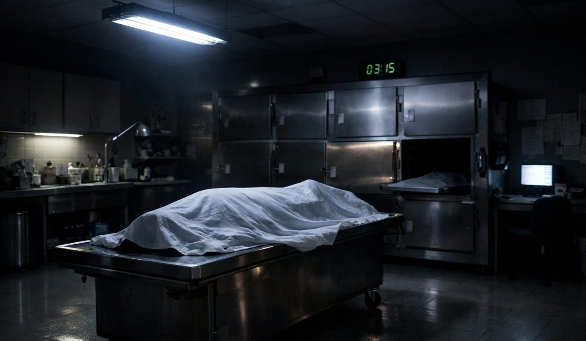 Chambre mortuaire la nuit dans un hôpital avec espace réfrigéré, table de préparation et éclairage tamisé