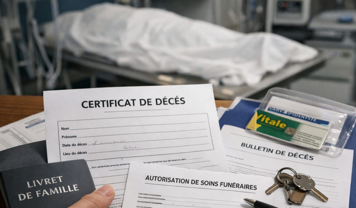Documents remis par l’hôpital après un décès avec certificat de décès, livret de famille et effets personnels en milieu hospitalier