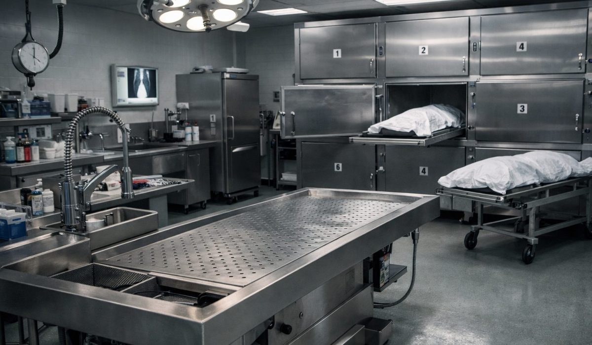 Équipements d’une morgue hospitalière avec table de préparation, chambres froides et matériel de conservation