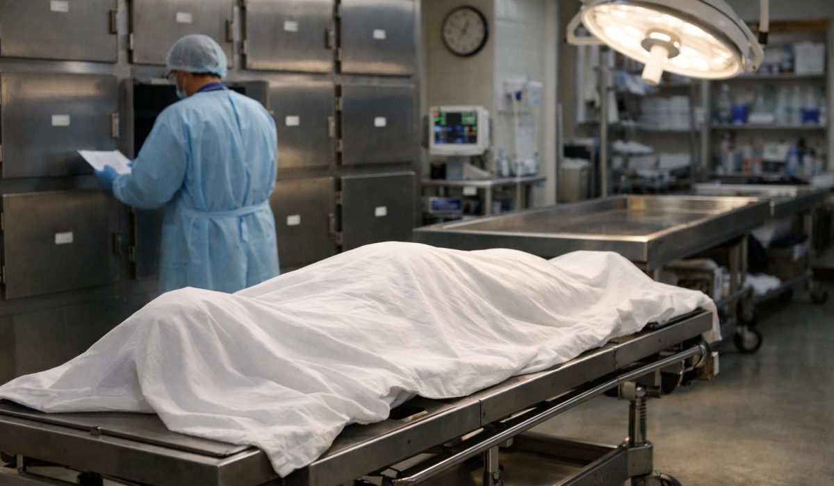 Corps recouvert d’un drap dans une chambre mortuaire d’hôpital avec personnel médical en arrière-plan