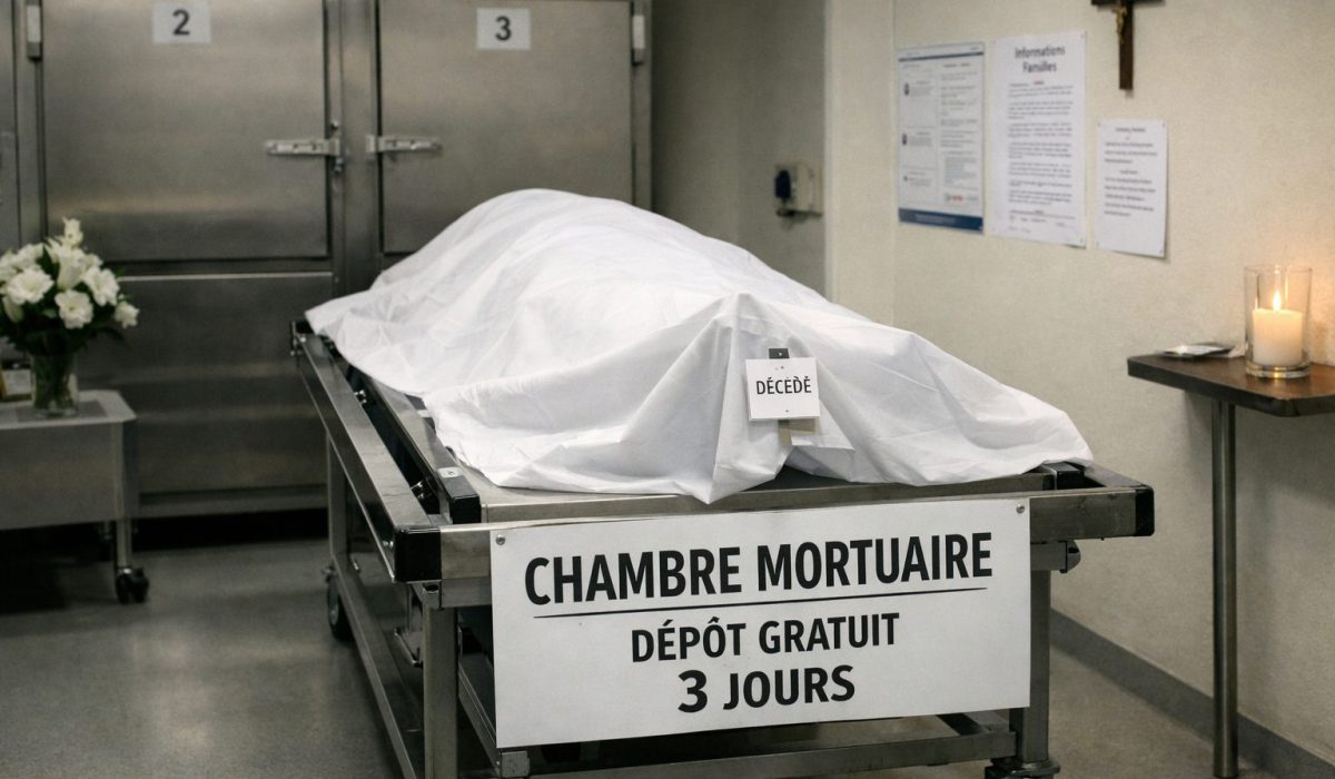 Chambre mortuaire dans un hôpital avec civière recouverte d’un drap blanc et indication sur la gratuité du dépôt pendant trois jours