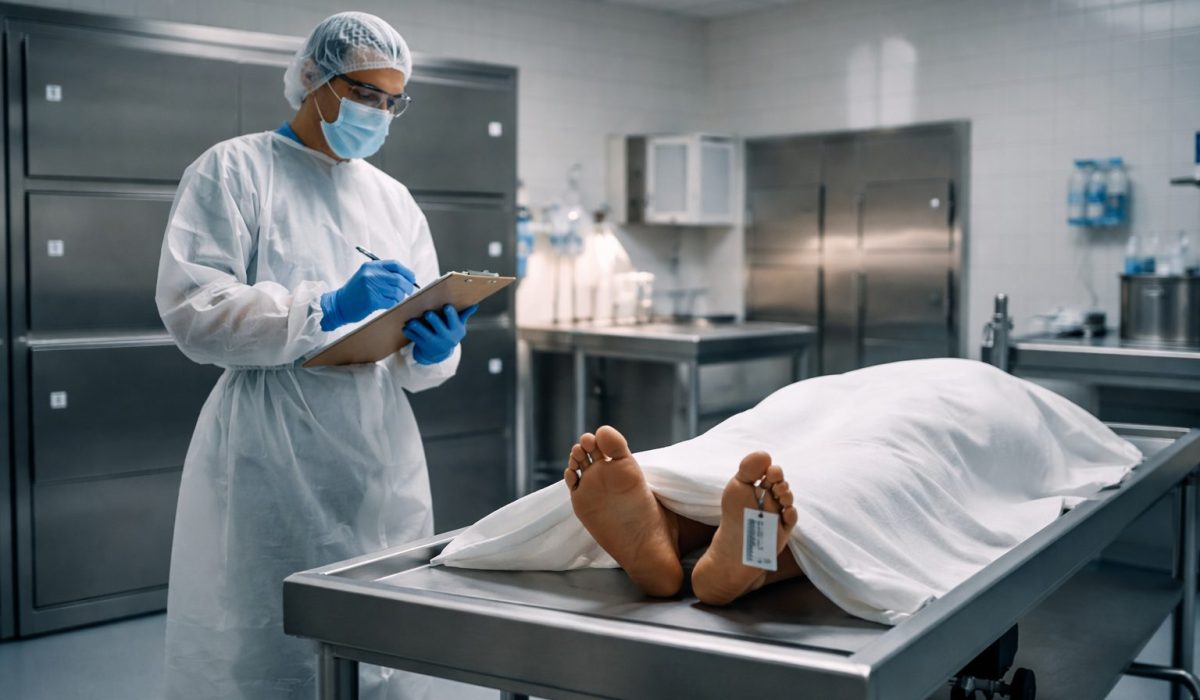 Professionnel en tenue de protection dans une chambre mortuaire respectant des règles strictes de sécurité, d’hygiène et de traçabilité