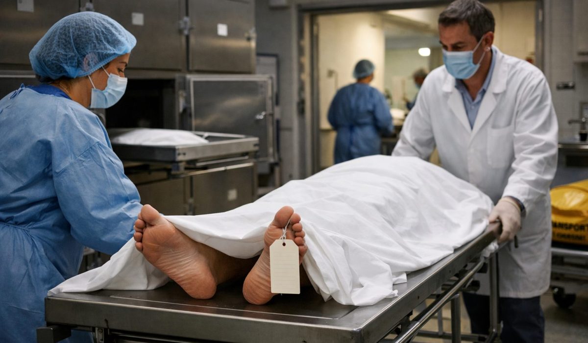 Préparation de la sortie du corps à l’hôpital par le personnel médical en chambre mortuaire