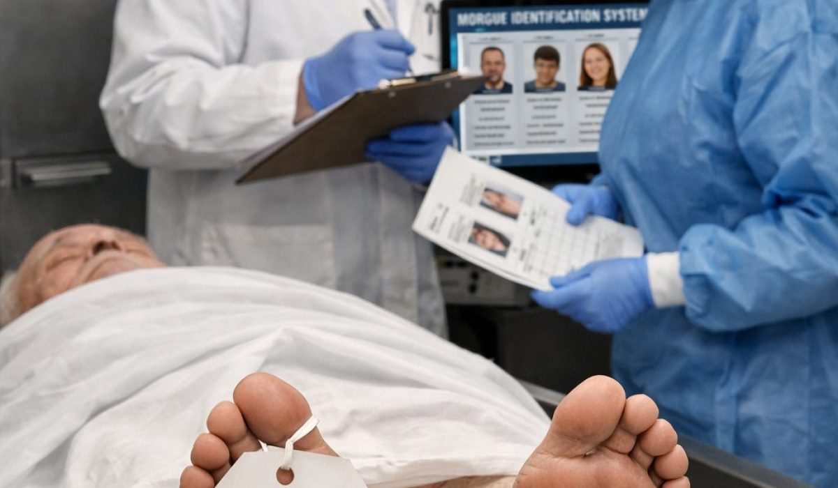Techniciens en morgue vérifiant l’identification d’un défunt grâce à une étiquette, des documents de contrôle et un suivi rigoureux