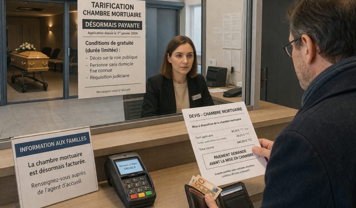 Accueil d’une chambre mortuaire dans un hôpital avec affichage des tarifs et échange entre un proche du défunt et une agente d’accueil