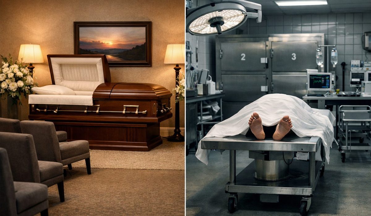 Comparaison visuelle entre une chambre funéraire chaleureuse et une chambre mortuaire hospitalière au cadre clinique