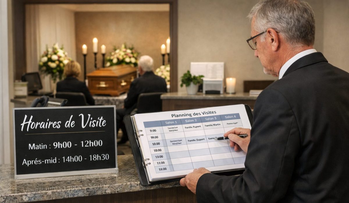 Directeur funéraire organisant les horaires de visite dans une chambre funéraire devant un salon de recueillement