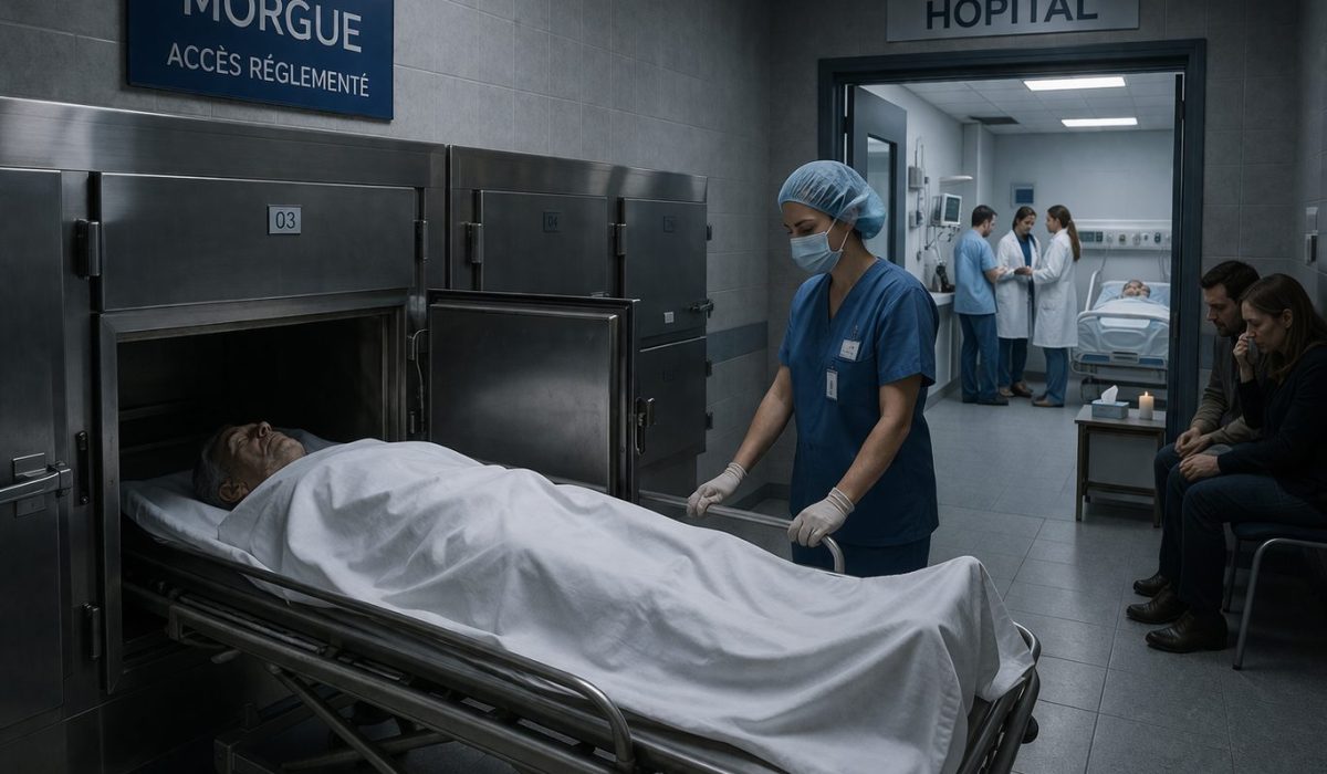 Morgue hospitalière après un décès avec personnel soignant et corps pris en charge dans un espace dédié