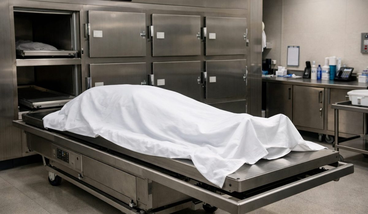 Chambre mortuaire dans un hôpital avec table réfrigérée et espace de conservation du défunt