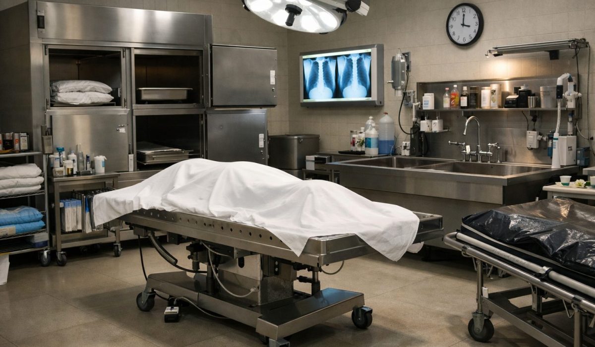 Équipements présents dans une chambre mortuaire avec table technique, cellules réfrigérées, chariot de transport et zone de préparation
