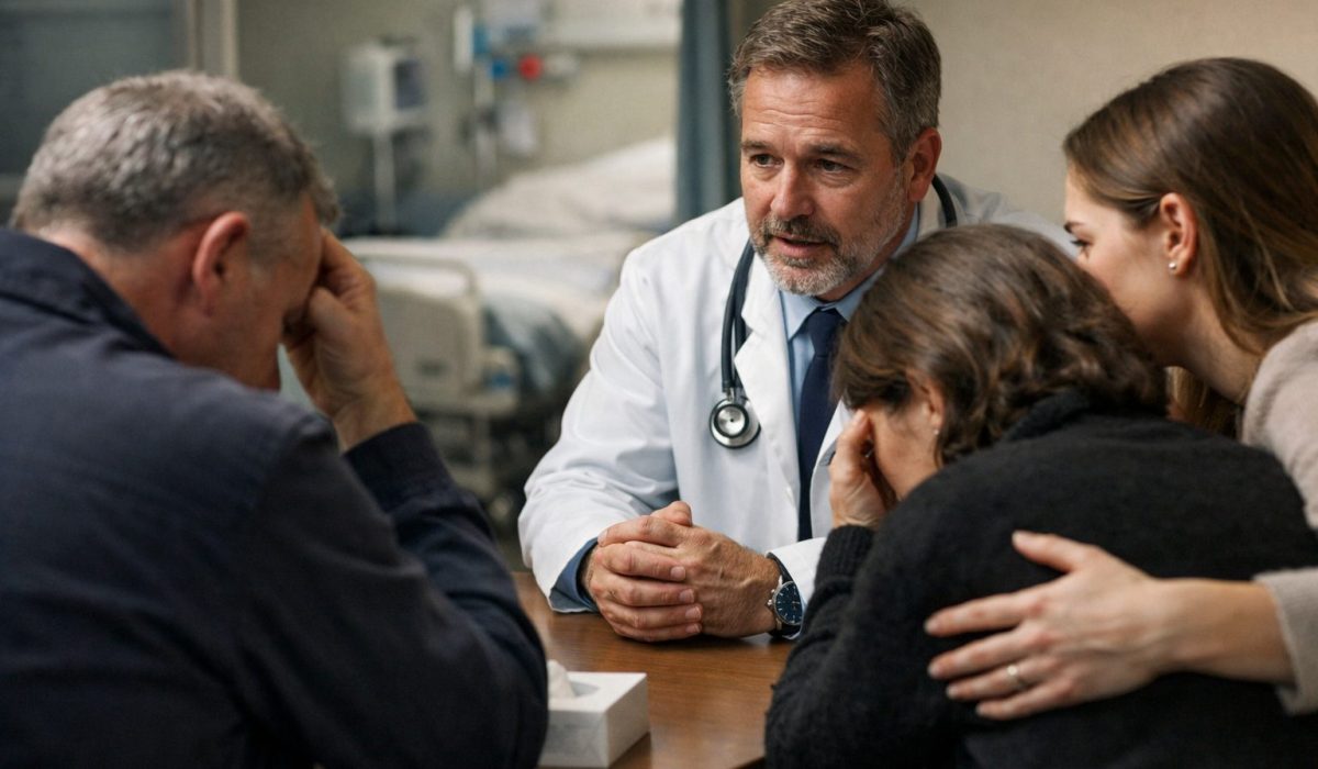 Médecin hospitalier annonçant un décès à une famille en salle de consultation