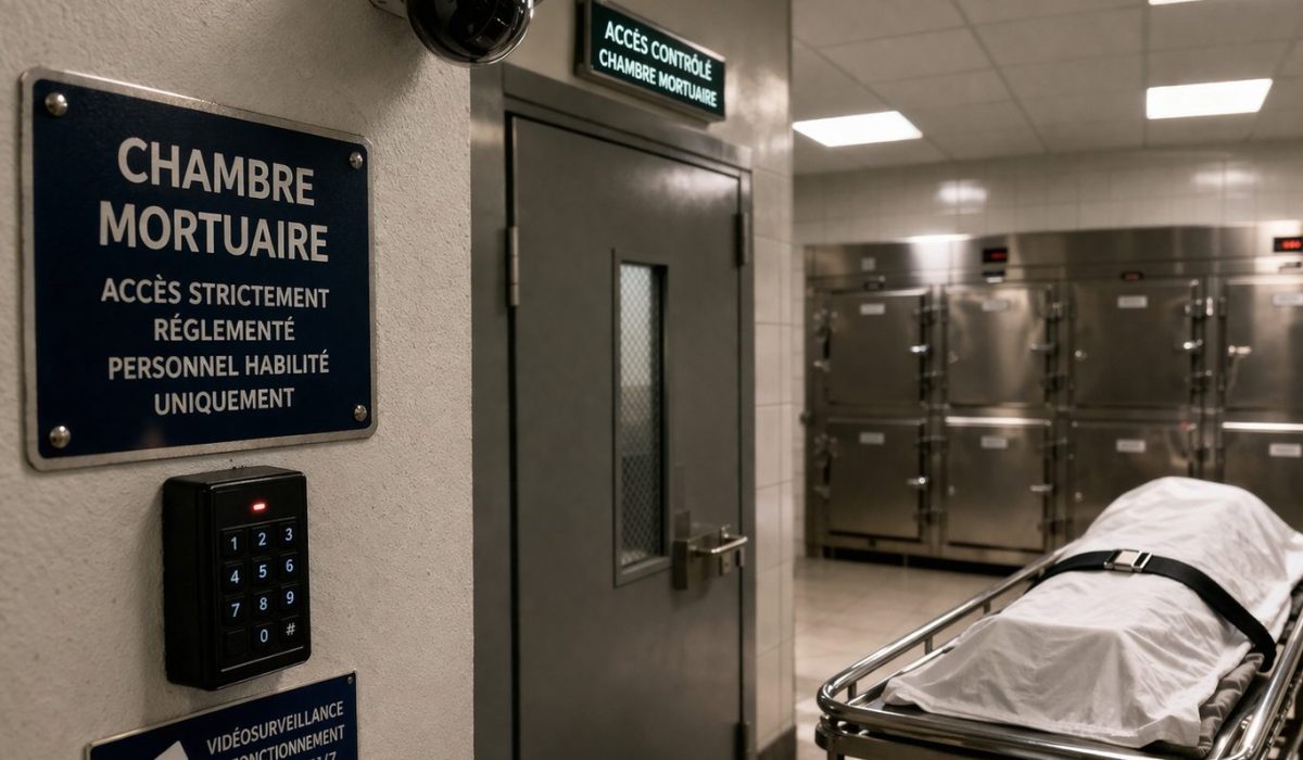 Chambre mortuaire sécurisée avec contrôle d’accès, vidéosurveillance et espace de conservation dans un établissement de santé