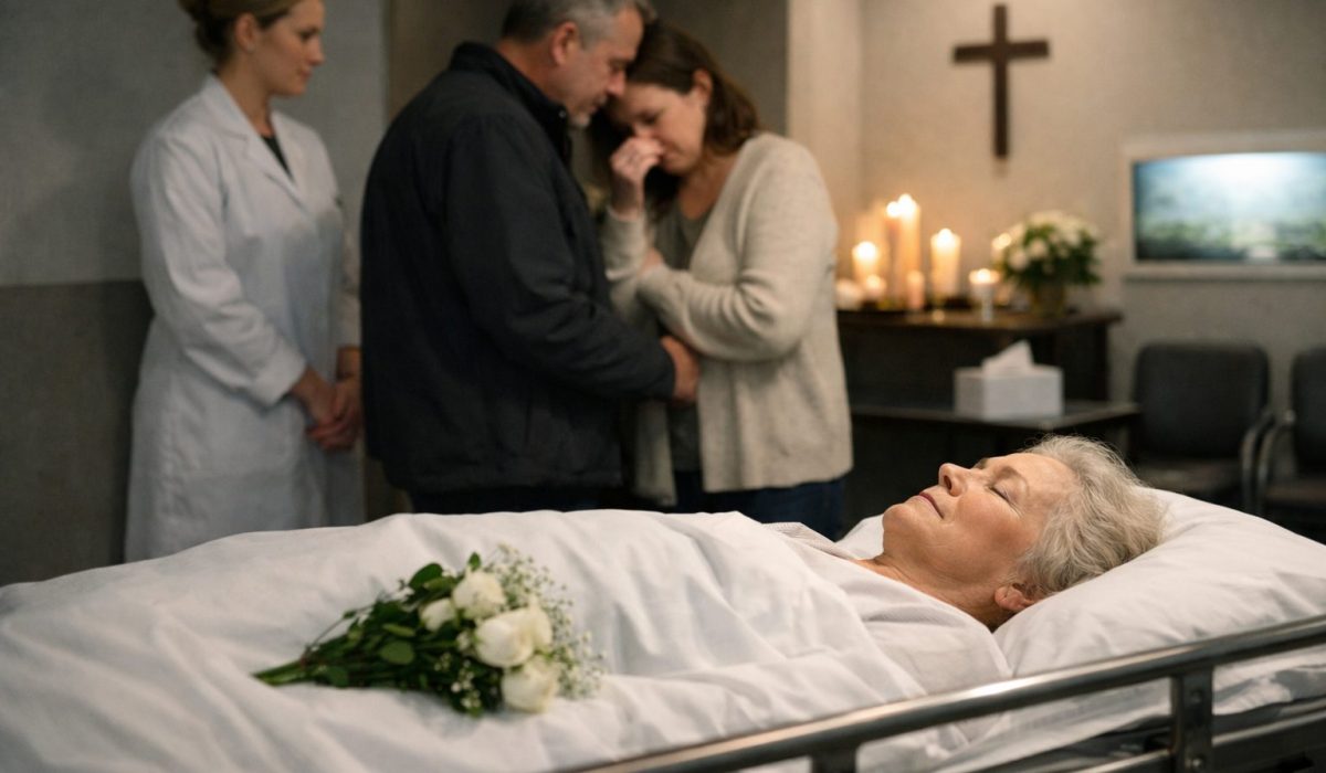 Des proches se recueillent dans une chambre mortuaire auprès d’une défunte allongée, dans un espace calme et sobre.