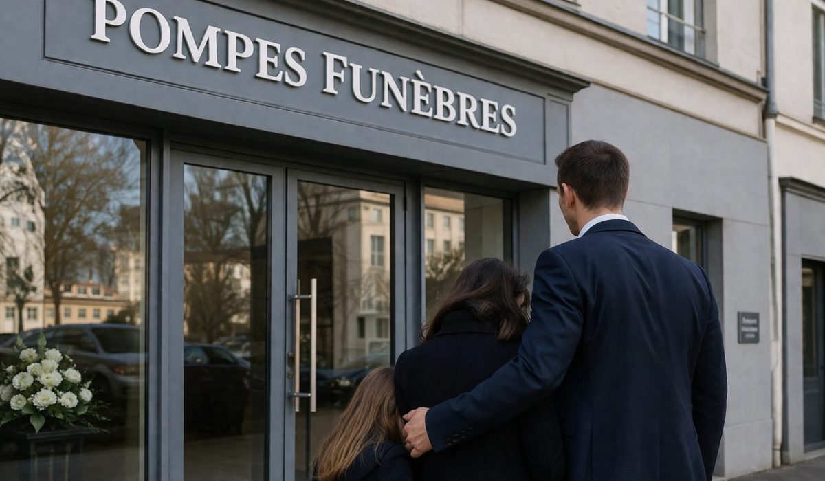 Famille devant une agence de pompes funèbres après un décès pour organiser des obsèques