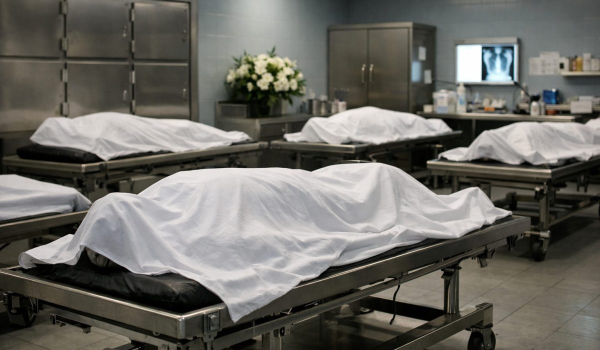 Vue réaliste d’une chambre mortuaire hospitalière organisée pour accueillir plusieurs défunts dans un espace sobre, propre et respectueux