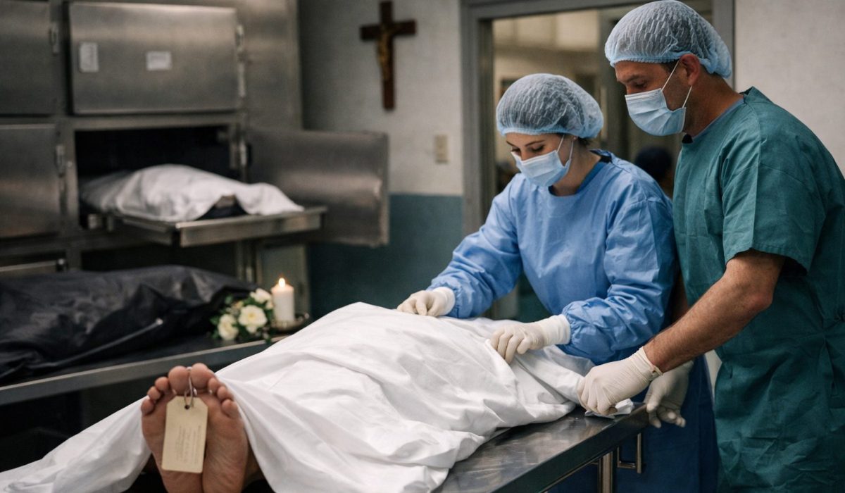 Personnel hospitalier appliquant des procédures funéraires strictes dans un service mortuaire à l’hôpital