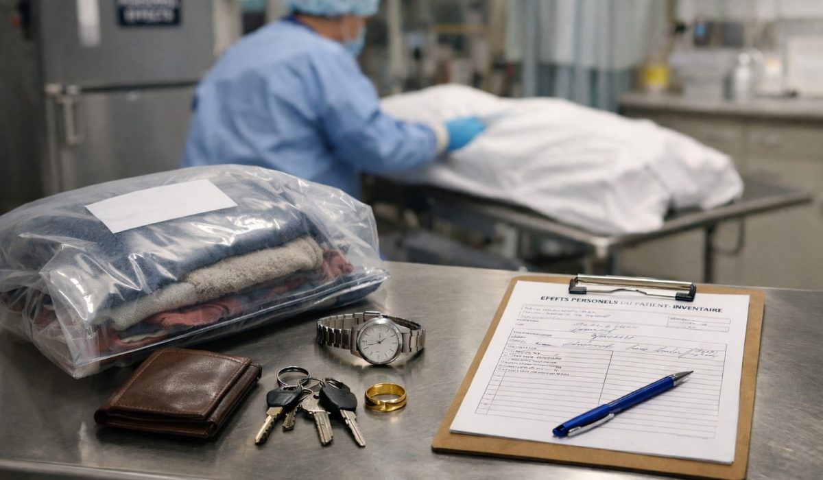 Gestion des effets personnels après un décès à l’hôpital avec inventaire, bijoux, clés, téléphone et objets du défunt