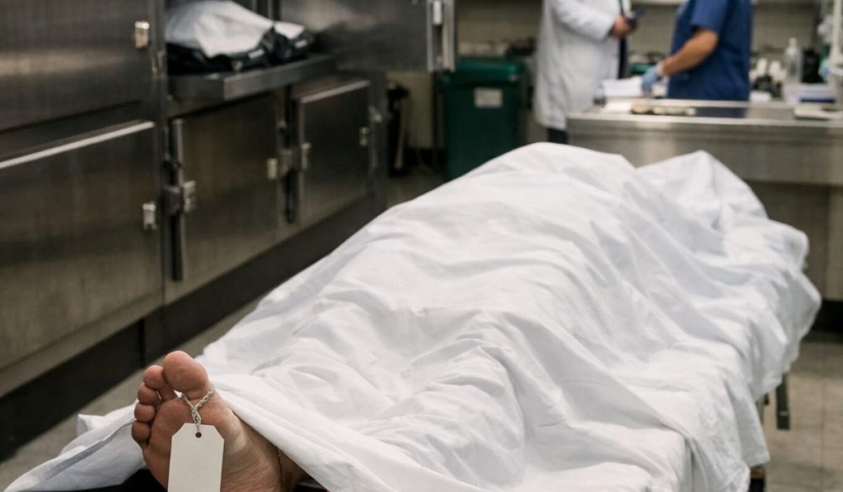 Chambre mortuaire dans un hôpital avec brancard et espace médical dédié après un décès