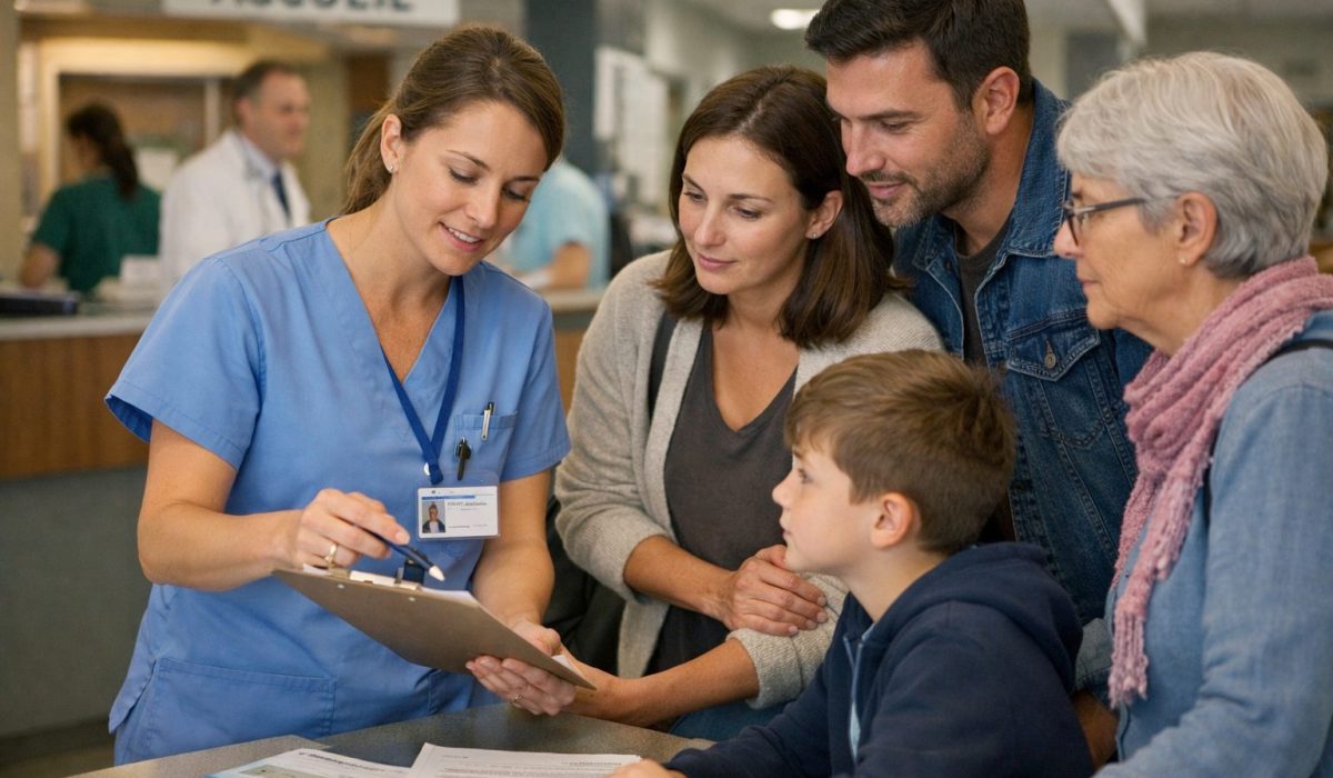 Infirmière guidant une famille dans les premières démarches administratives à l’hôpital