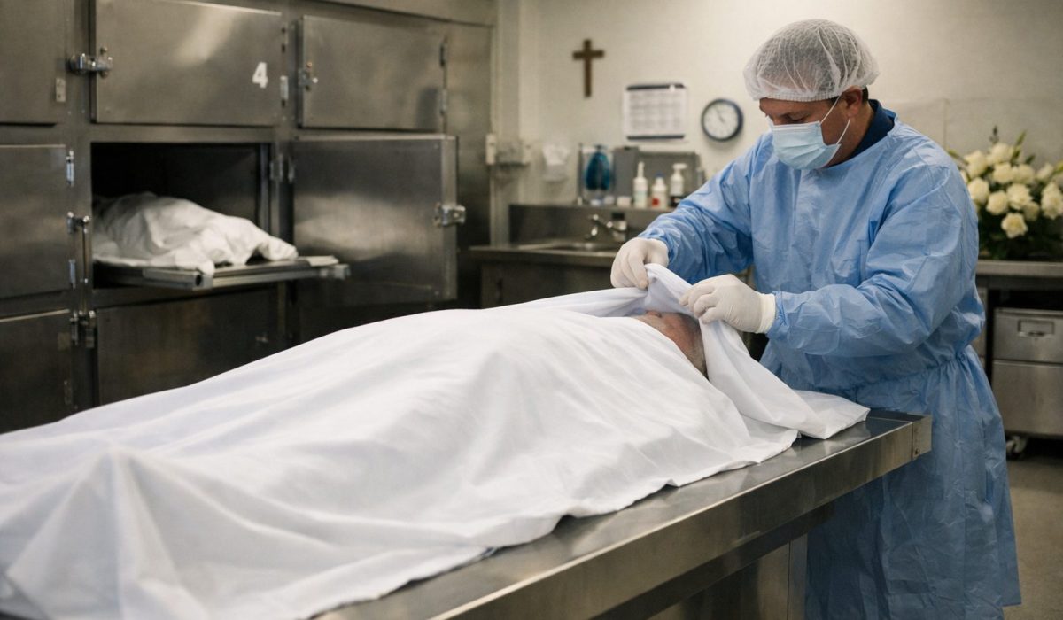 Professionnel en morgue préparant avec soin le corps d’un défunt dans un environnement respectueux et sécurisé