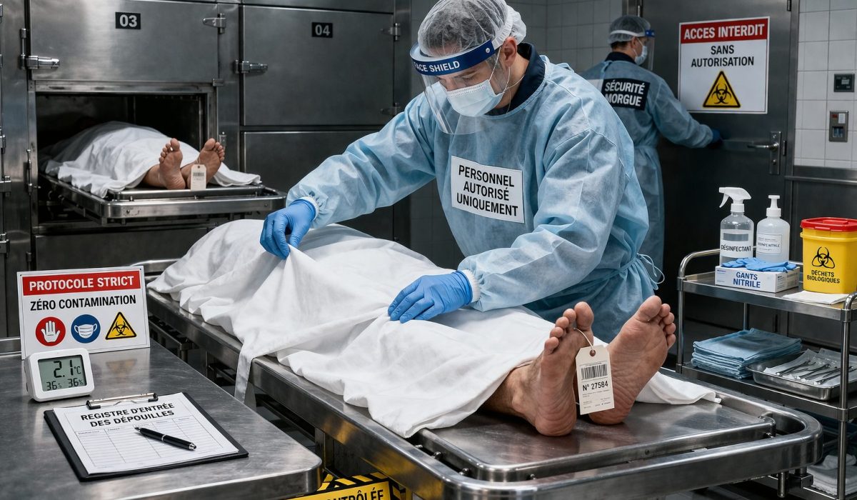 Technicien de morgue appliquant des protocoles stricts dans une chambre mortuaire sécurisée