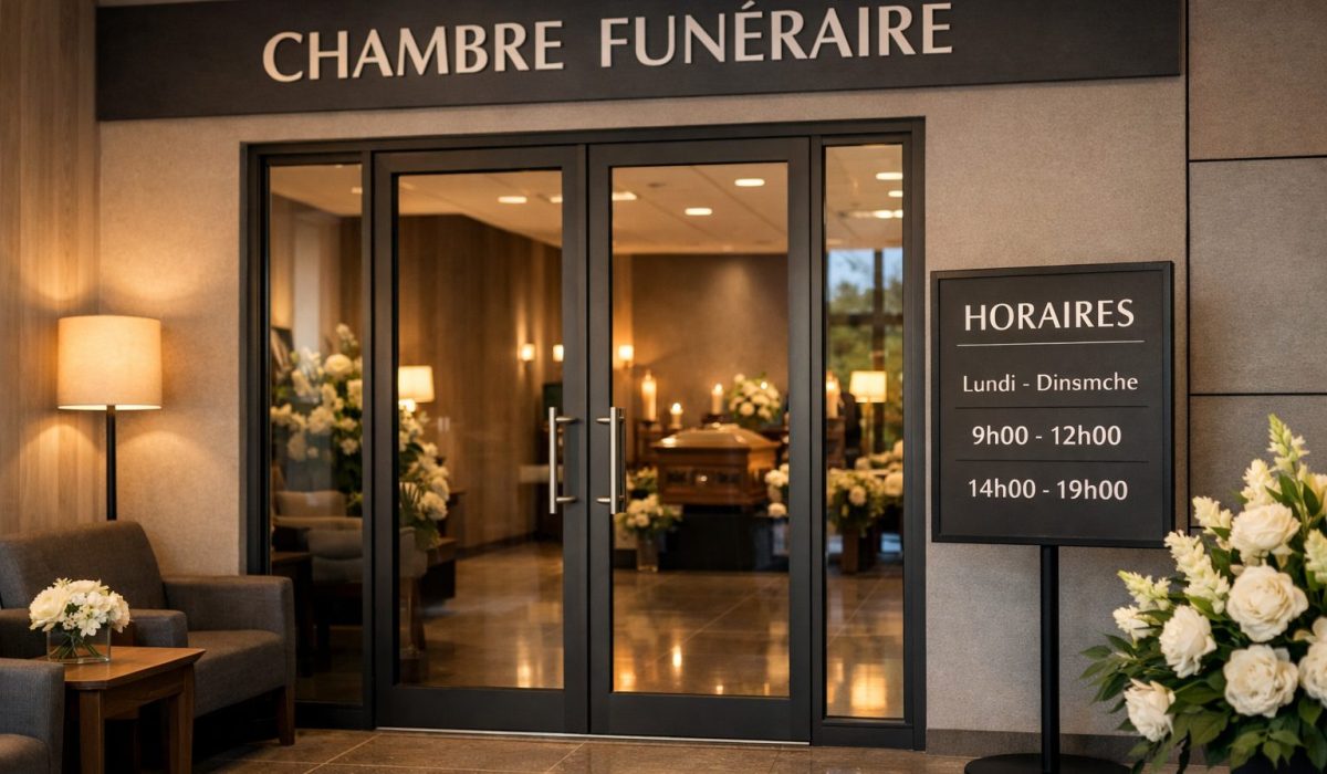 Entrée d’une chambre funéraire avec panneau des horaires de visite et salon de recueillement visible à travers les portes vitrées