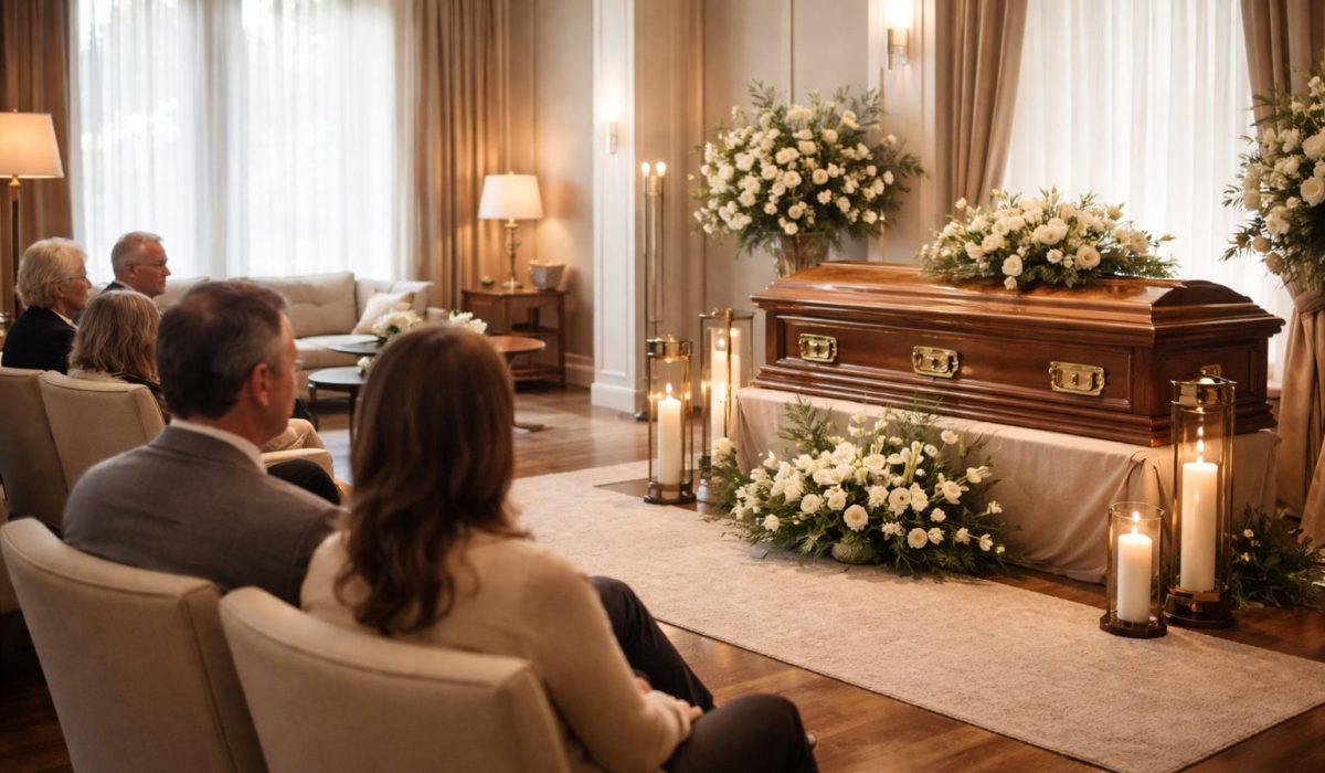 Chambre funéraire moderne avec cercueil en bois, compositions florales blanches, bougies et salon de recueillement accueillant pour les proches.