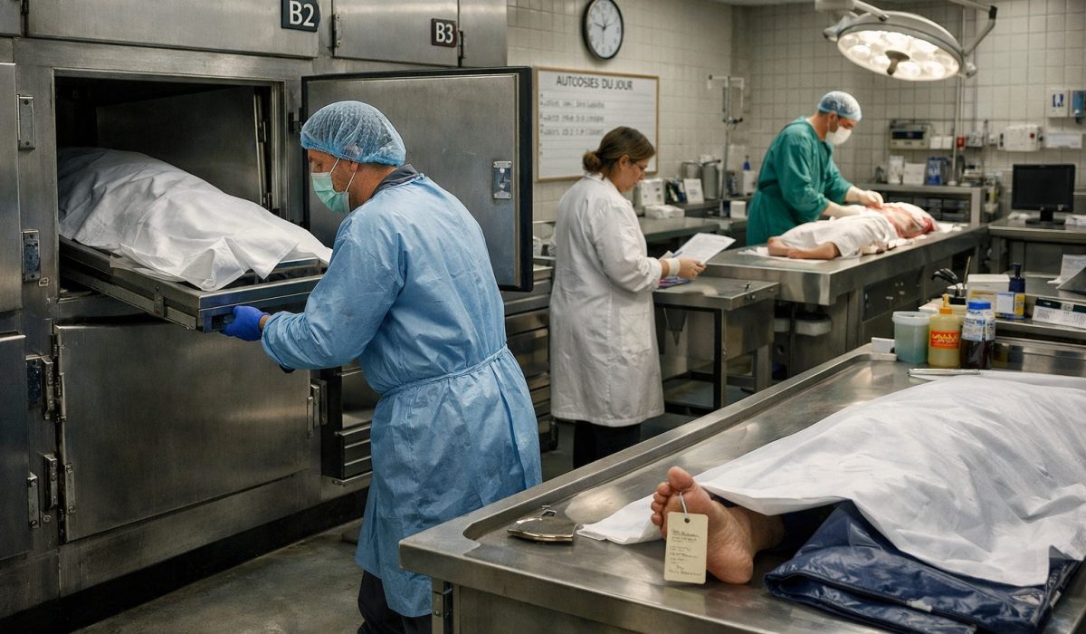 Morgue d’hôpital en fonctionnement quotidien avec espace de conservation, personnel médical et zone technique