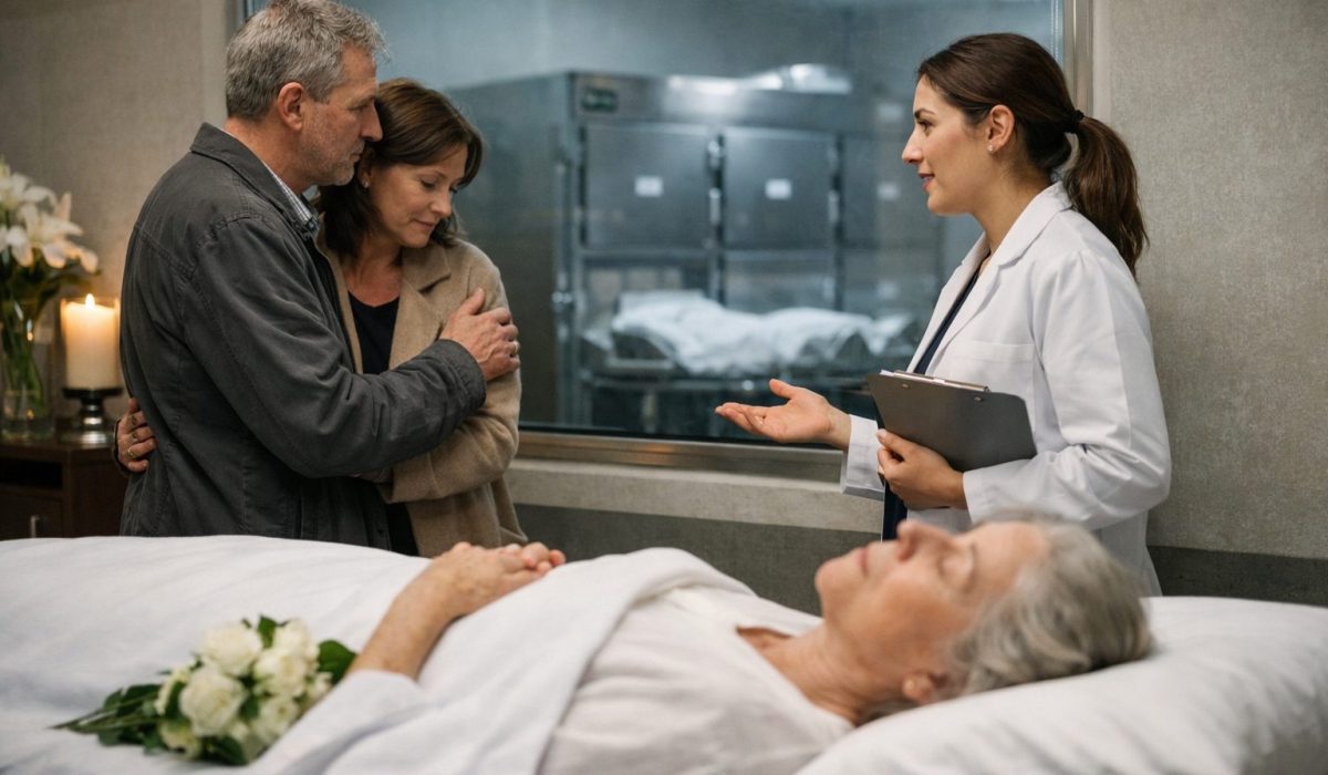 Famille accompagnée par une professionnelle dans une chambre mortuaire pour organiser les démarches après un décès