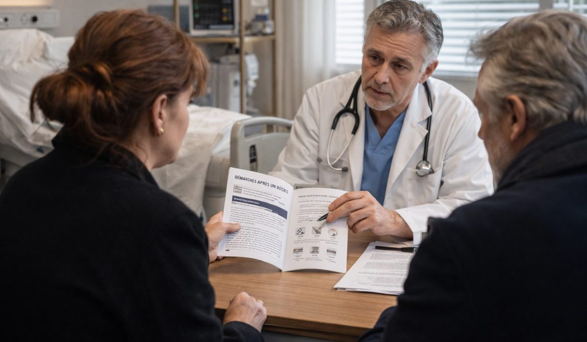 Personnel hospitalier guidant une famille dans les premières démarches après un décès