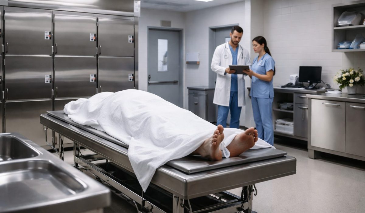 Chambre mortuaire intégrée à l’organisation hospitalière avec personnel soignant dans un espace hospitalier dédié