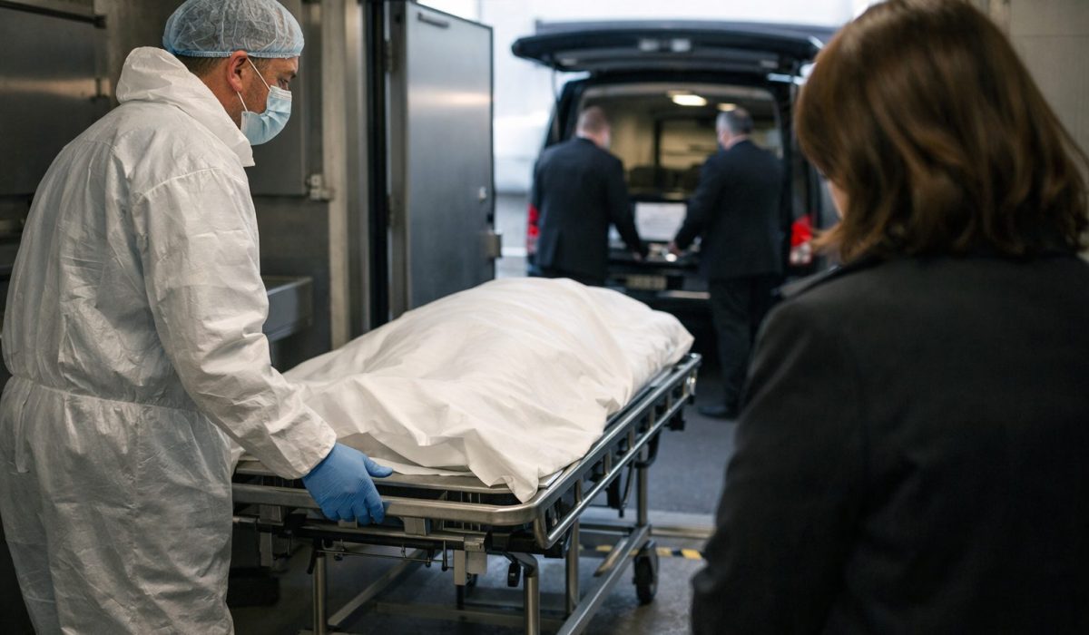 Sortie du corps depuis une chambre mortuaire avec accompagnement du personnel et présence d’un proche en deuil