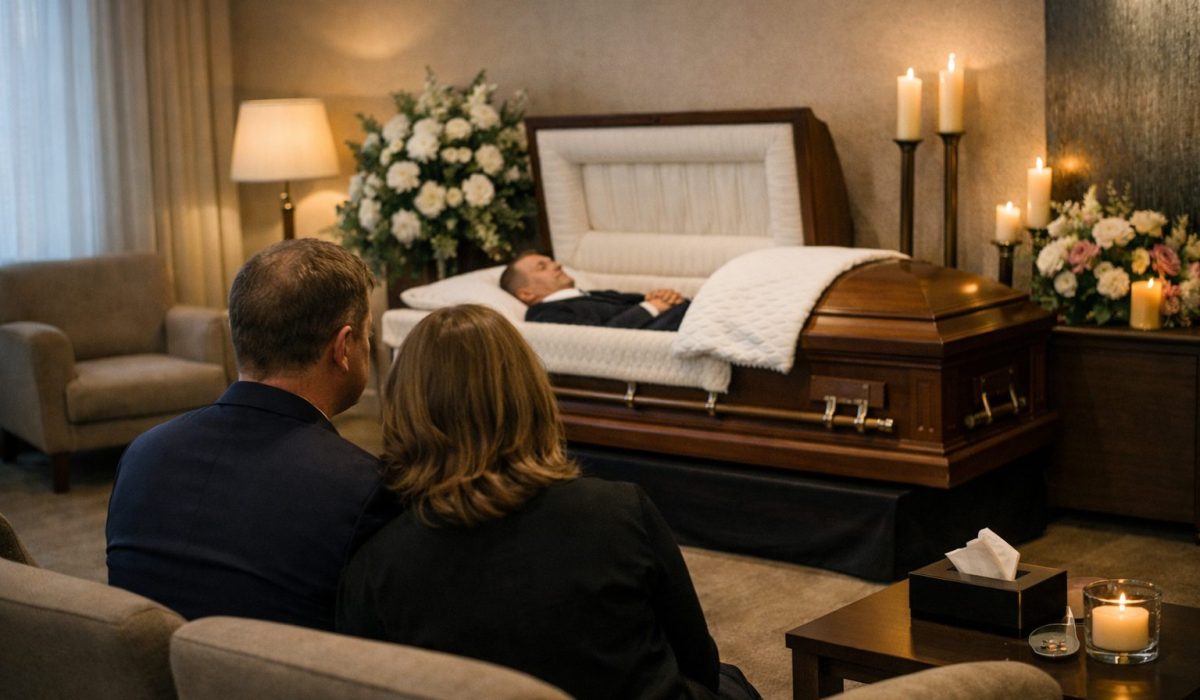 Famille en recueillement dans une chambre funéraire avant les obsèques