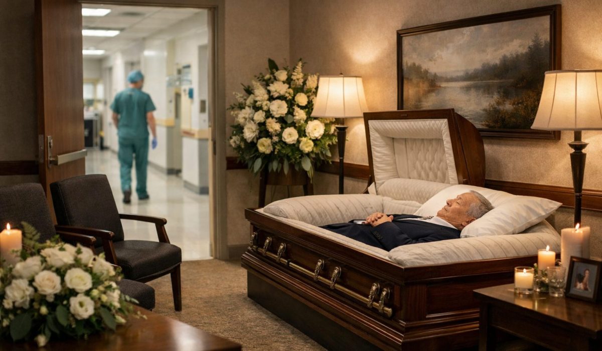 Chambre funéraire apaisée après un décès à l’hôpital avec cercueil, fleurs blanches et ambiance de recueillement