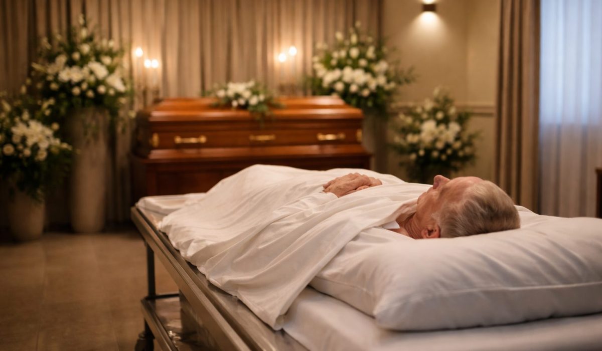 Corps reposant en chambre funéraire avant les obsèques dans un salon funéraire apaisé