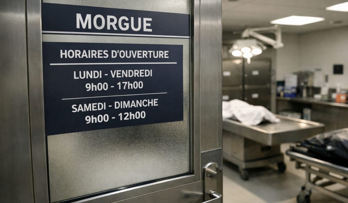 Porte de la morgue d’un hôpital avec affichage des horaires d’ouverture