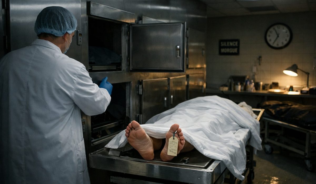 Morgue utilisée la nuit avec un agent hospitalier dans une salle de conservation des corps