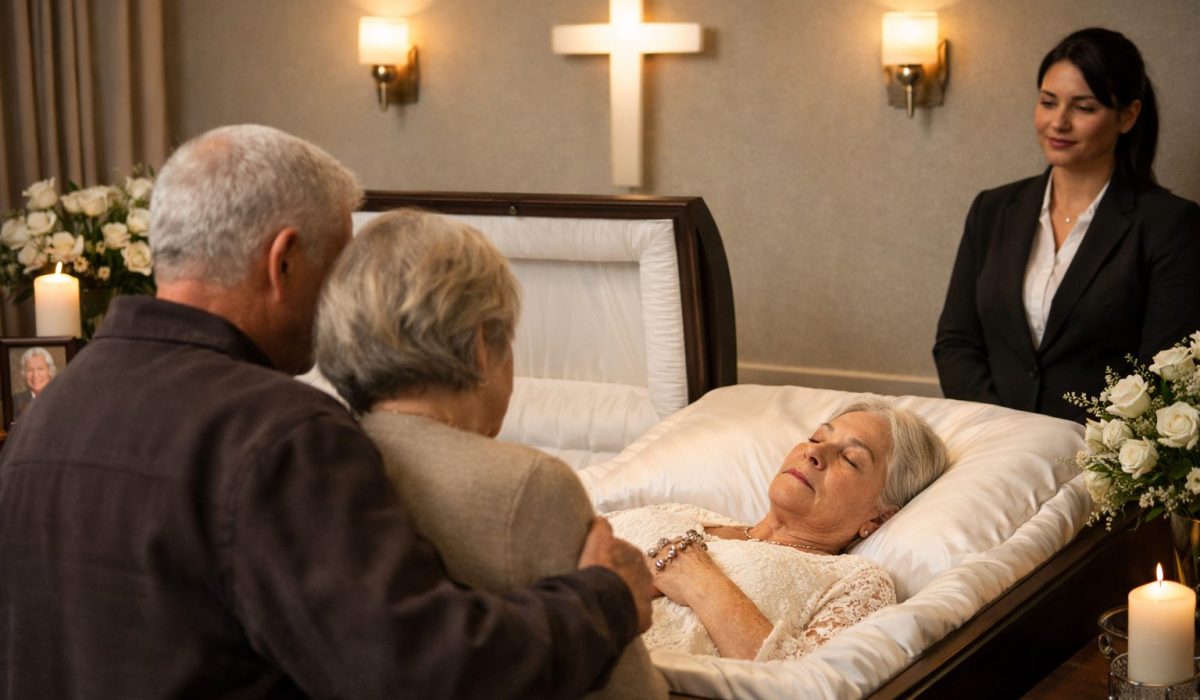 Famille en recueillement dans une chambre mortuaire apaisante avant les obsèques