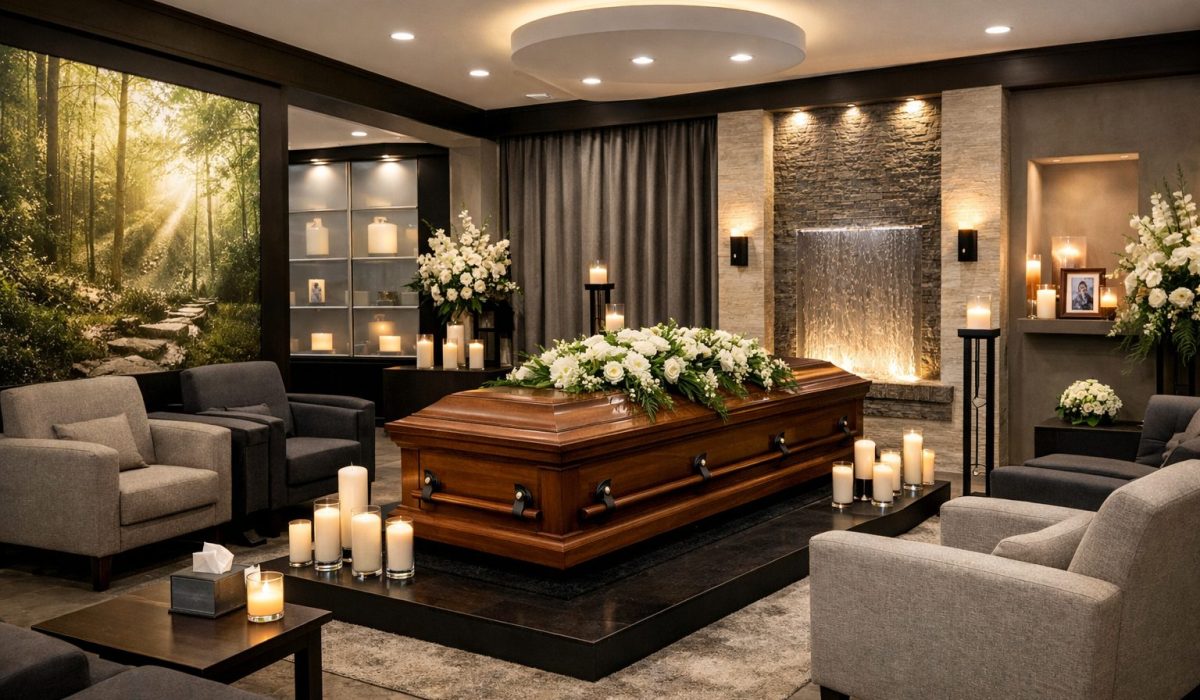 Intérieur ultra réaliste d’une chambre funéraire moderne avec salon de recueillement, lumière douce, fauteuils confortables et ambiance apaisante.