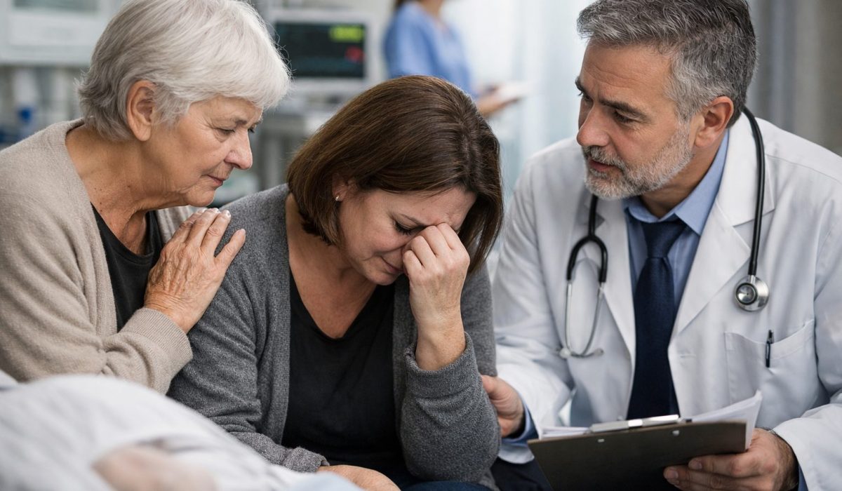 Médecin et proche en deuil à l’hôpital après le décès d’un membre de la famille